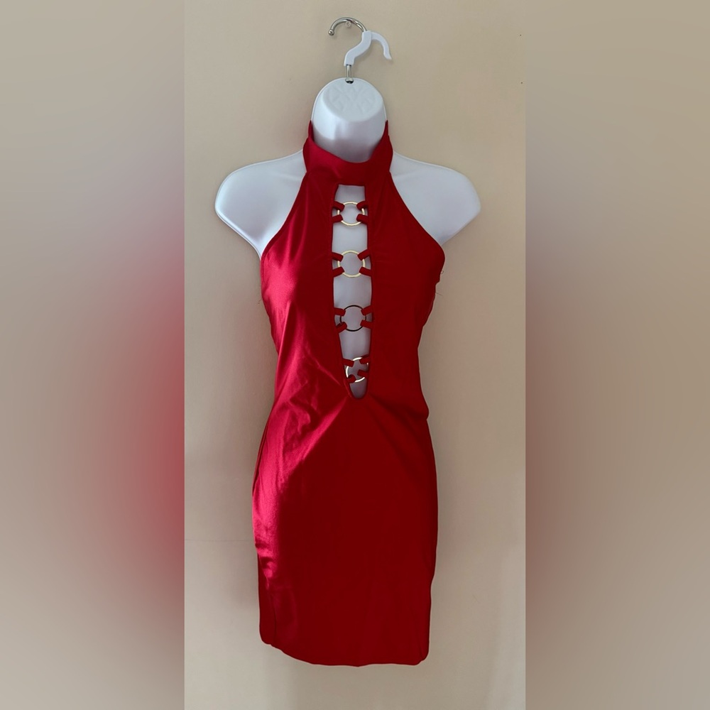 Fashion Nova Red Halter Mini Dress with Gold Ring Accents